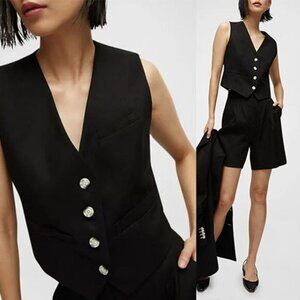 NEW Veronica Beard Bennett Linen Blend Half Belt Twill Vest Black Size: 2